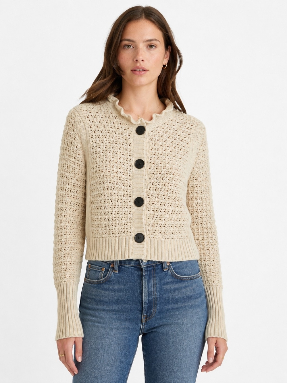 Madewell Cream Crochet Ruffle-Neck Button Cardigan